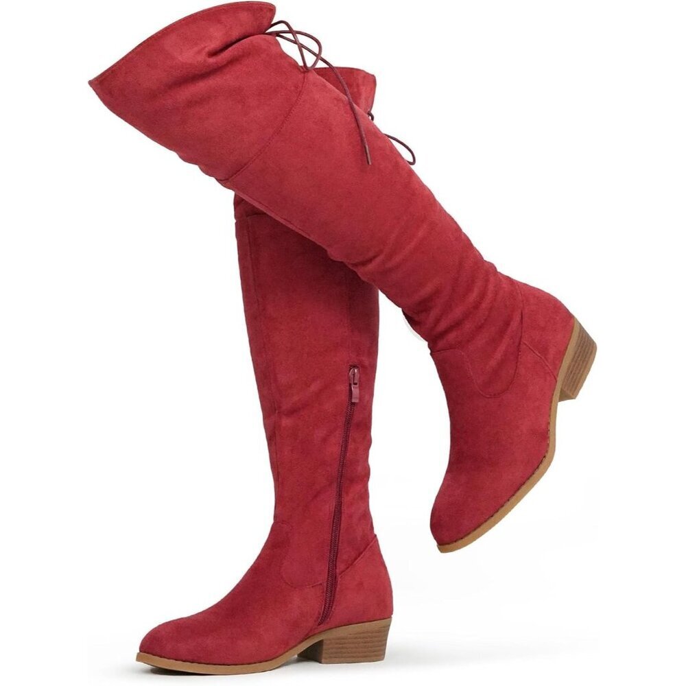 Women's Red Faux Suede Thigh High Over The Knee Black Low Flat Heel Boots